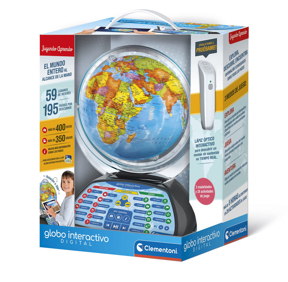 Clementoni - Exploramundo Digital, Globo terráqueo Bola del Mundo interactiva Infantil, 7 años, Multicolor (55387)