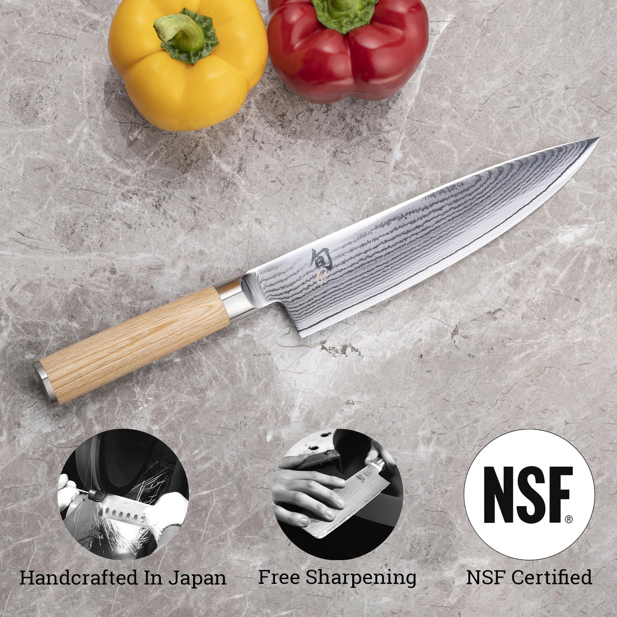 KAI Shun Classic White cuchillo de cocina japonés 20 cm de longitud de hoja - Cuchillo de Damasco 32 capas núcleo VG MAX - 61 (±1) HRC - Mango de madera Pakka - Hecho en Japón - Cuchillo de cocina