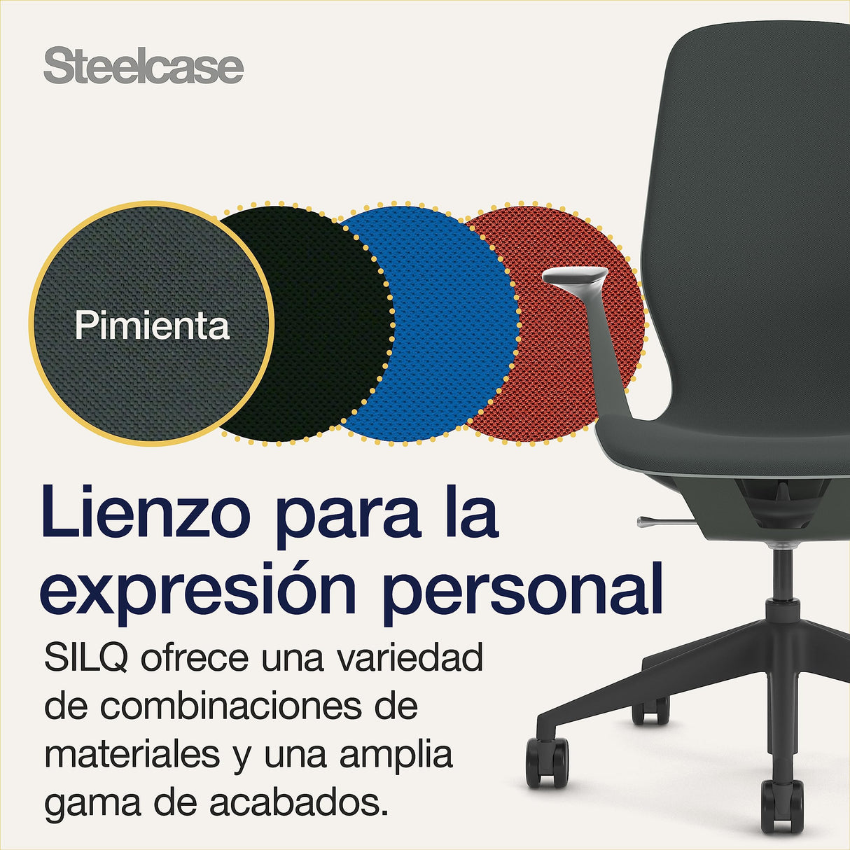Steelcase SILQ Silla ergonómica de altura ajustable, carcasa de plástico platino sólido o merle y tapicería pimienta