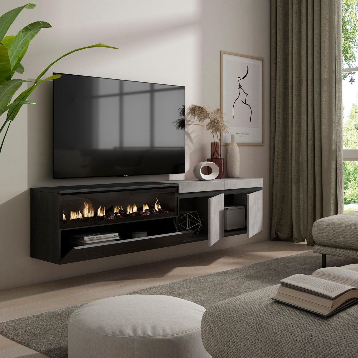 Skraut Home | Mueble TV | Televisión | Muebles de salón, almacenaje | 200x45x35cm | para TV hasta 80" | Chimenea eléctrica | Colgado, Suspendido | Estilo Moderno | Cemento