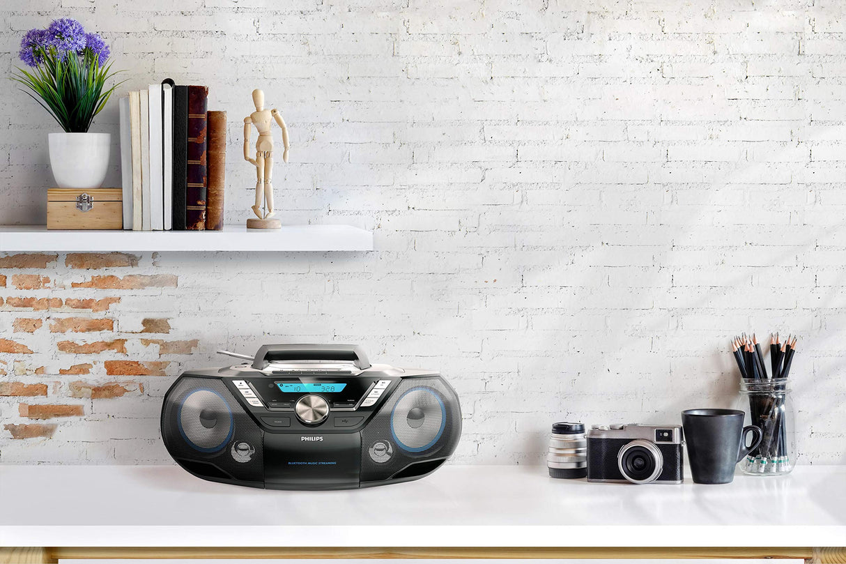 Philips AZB798T/12 Máquina de Sonido CD portátil, Reproductor de CD y Cassette Dab y FM Bluetooth, MP3-CD, USB, Bass dinámico, Control Remoto, Temporizador de sueño - Negro