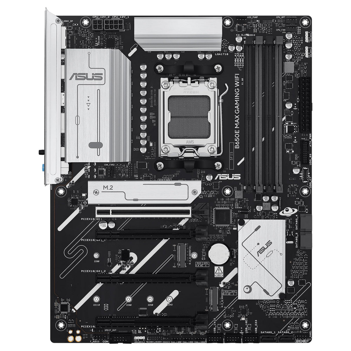 ASUS B650E MAX Gaming WiFi - Placa Base AMD B650 ATX, DDR5, PCIe 5.0, Tres Ranuras M.2, Wi-Fi 6E, Realtek 2.5Gb Ethernet, DisplayPort, HDMI, USB 10 Gbps Tipo-A y Tipo-C, BIOS Flashback, Aura Sync