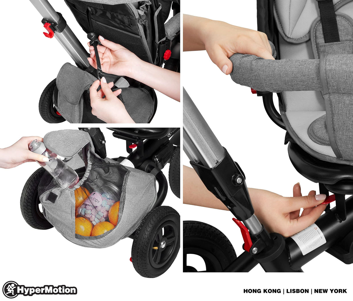 HyperMotion Triciclo Infantil 3 en 1 - Coche para Bebé con Asiento Giratorio y Cubierta de Lluvia - Triciclo Evolutivo 12 Meses a 5 Años, Plegable, Ruedas Bombeadas, 25kg, Gris