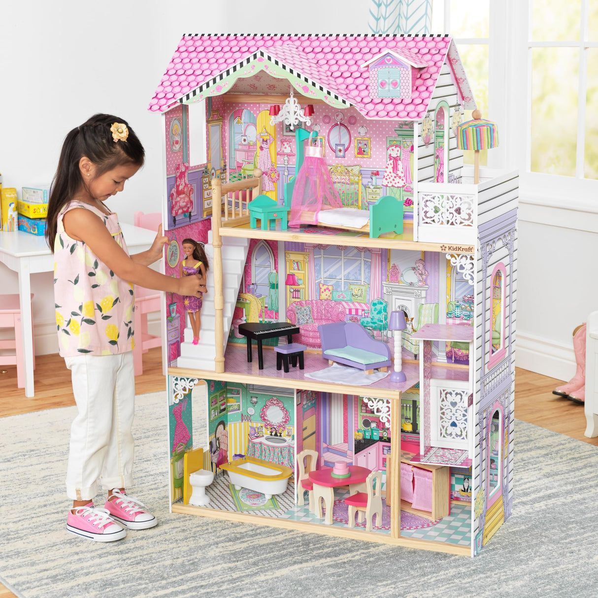 KidKraft Casa de muñecas de Madera Annabelle con Muebles y Accesorios incluidos, Casita de Juguete con Ascensor y balcón para muñecas de 30 cm, Juguetes niños y niñas Desde 3 años (65934)