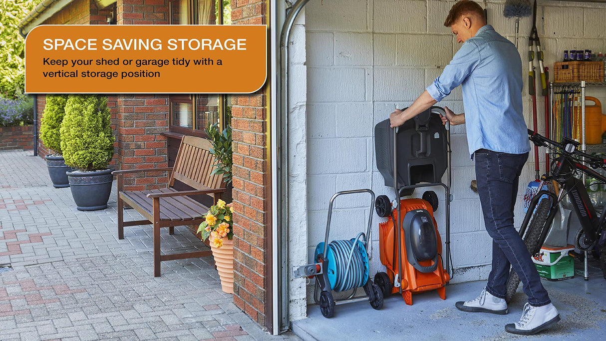 Flymo EasiStore 380R - Kit de cortacésped con batería Li, 36 V, 38 cm de Ancho de Corte, Corte de Borde cercano, Rodillo Trasero, 45 L, Power 4 All Battery Alliance, 970538501, Naranja y Gris