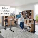 Escritorio esquinero regulable en altura eléctrica en madera de madera antigua, con certificado FSC, mesa de oficina ajustable con indicador digital de altura y función de memoria, 185 x 64-129 x 177