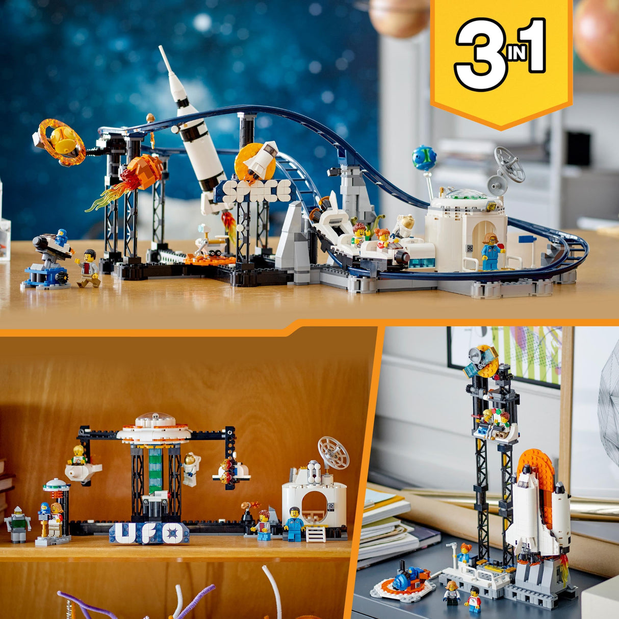 LEGO 31142 Creator 3en1 Montaña Rusa Espacial, Torre de Caída Libre o Tiovivo, Maqueta de Parque de Atracciones, Juguete de Construcción con Cohete Espacial, Planetas y Ladrillos Luminosos