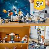 LEGO 31142 Creator 3en1 Montaña Rusa Espacial, Torre de Caída Libre o Tiovivo, Maqueta de Parque de Atracciones, Juguete de Construcción con Cohete Espacial, Planetas y Ladrillos Luminosos