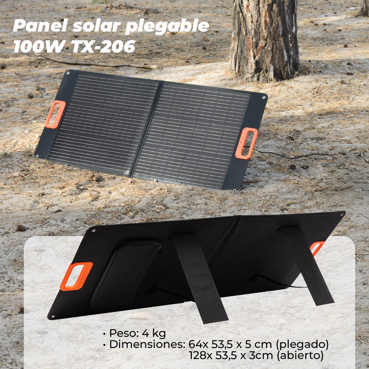 Panel solar plegable TX-206 de 100 W de Technaxx, Cargador solar monocristalino portátil para todas las fuentes de alimentación habituales con salidas USB-A/USB-C/XT60/DC7909/MC4/Anderson
