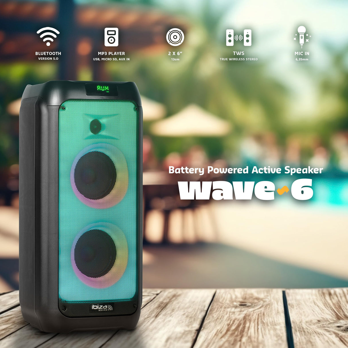 Ibiza - WAVE6 - Altavoz a pilas de 250W/2x5.25" con Bluetooth, USB y microSD - Efecto LED WAVE y conexión inalámbrica TWS - Negro
