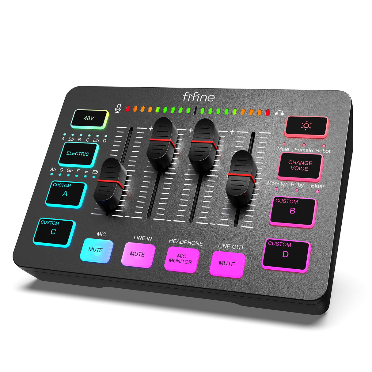 FIFINE Mezclador de Audio, RGB Streaming Gaming Audio Mixer PC con Interfaz de XLR, Gaming Audio Mixer con Control Individual, Control de Volumen, Botón de Silencio, Alimentación Phantom de 48V