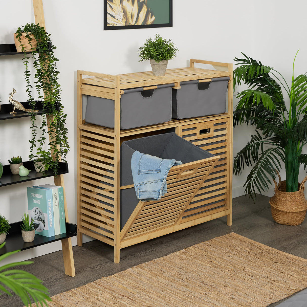 Relaxdays Estantería Baño con 2 Cestos Ropa Sucia, Basculante, 40 L, Balda y 2 Cajones, Bambú, 95x88x33 cm, Natural/Gris, Poliéster
