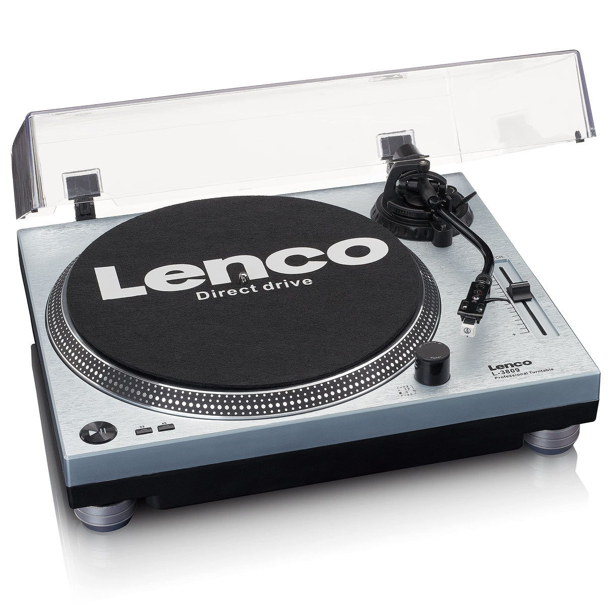 Lenco L-3809 Tocadiscos - Tocadiscos DJ con accionamiento Directo - USB - Preamplificador - 33 y 45 RPM - MMC - RCA - Line out - Azul metálico