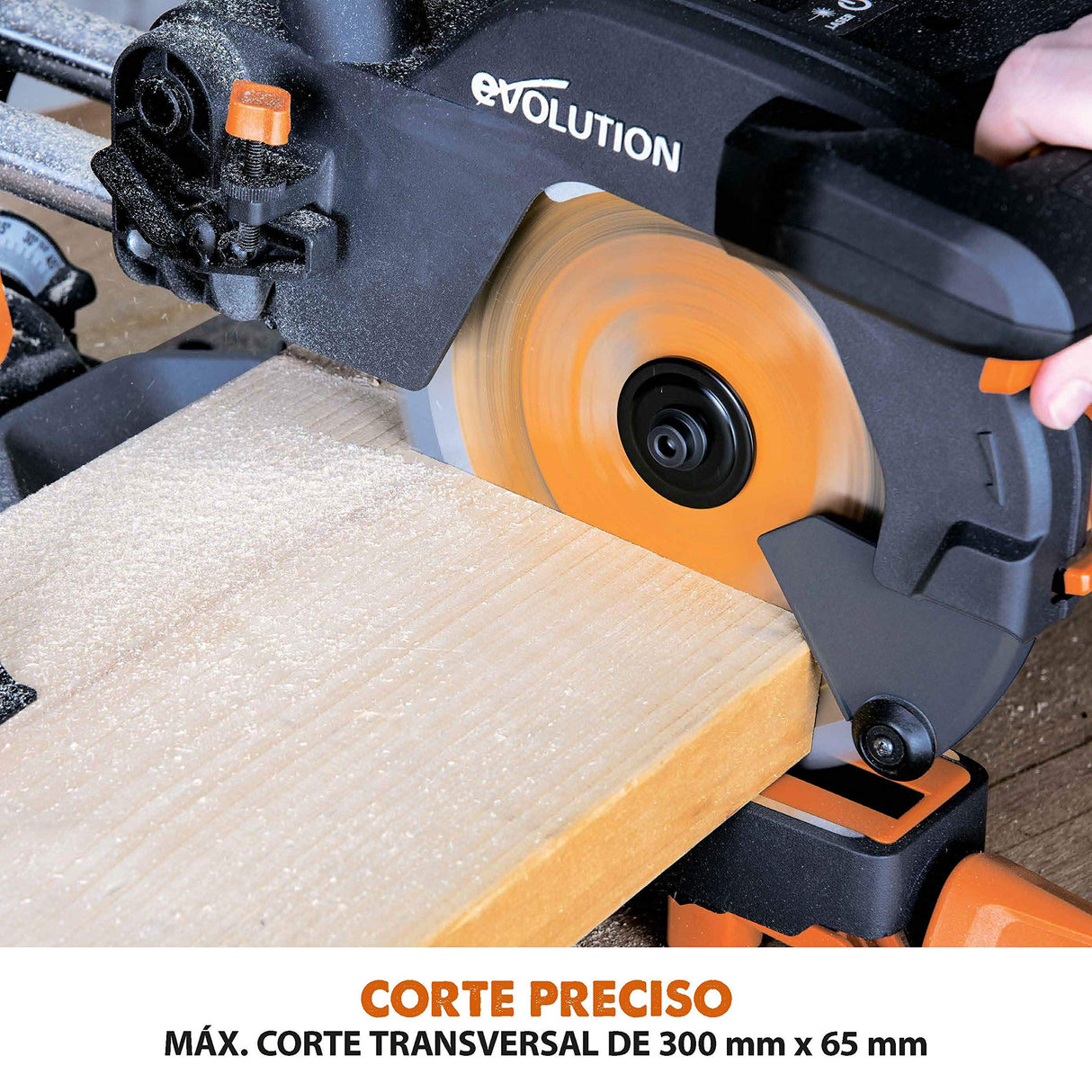 Evolution Power Tools - R210SMS-300+ Ingletadora deslizante multimaterial de 210 mm (230 V), con paquete plus, Corta acero dulce, aluminio, plástico, madera con clavos incrustados