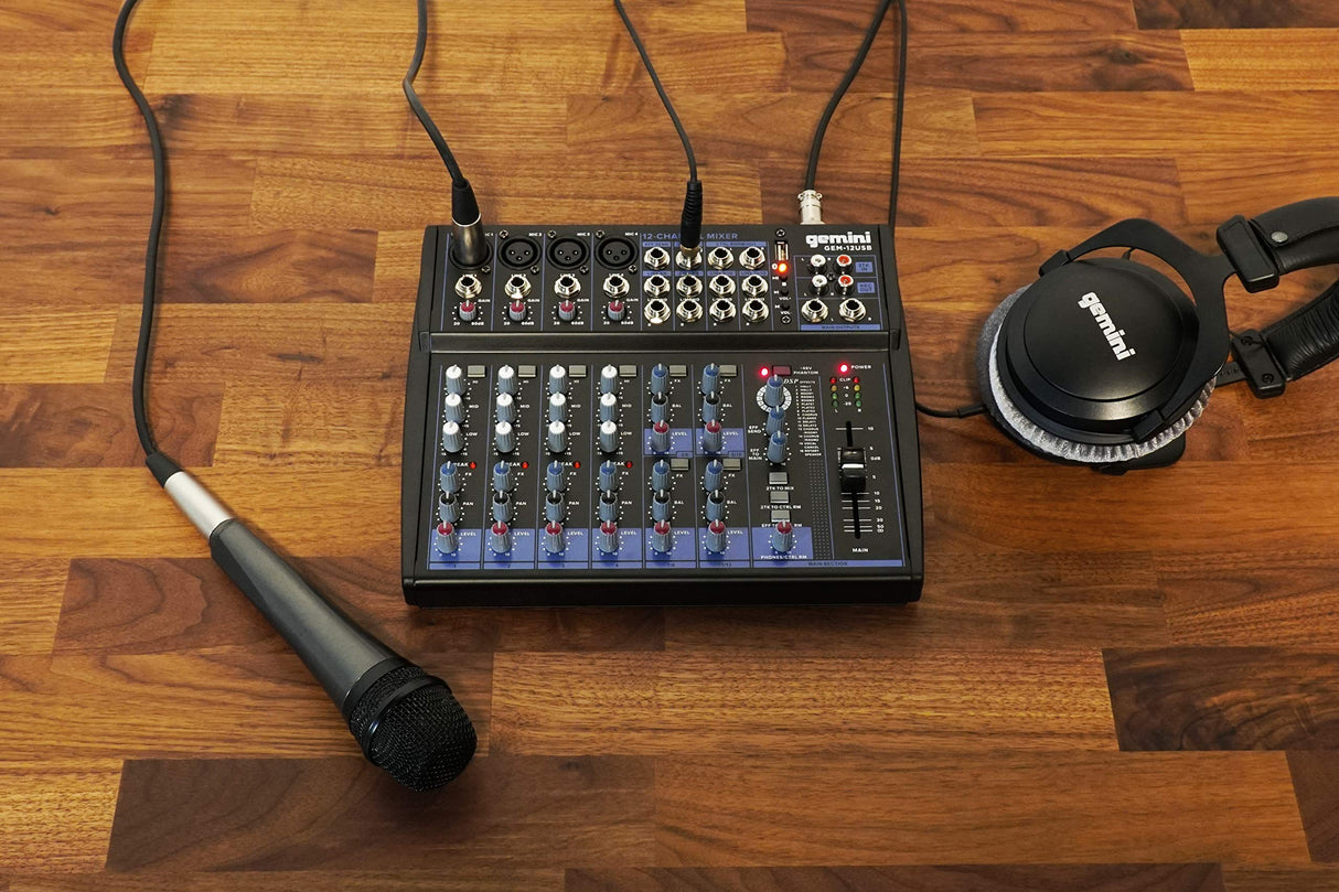 Gemini Sound GEM-12USB Mezclador analógico de 12 canales compactos que incluye 4 canales de micrófono, EQ de 3 bandas, reproducción USB de la memoria USB y Streaming Bluetooth