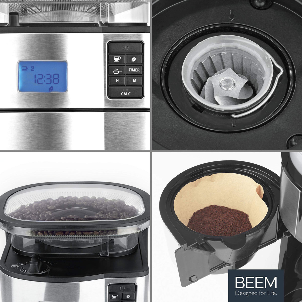 BEEM FRESH-AROMA-PERFECT II Cafetera de filtro con molinillo - Térmica | Acero inoxidable | Jarra térmica | Temporizador 24h | 1000 W | Recipiente para granos de 180 g