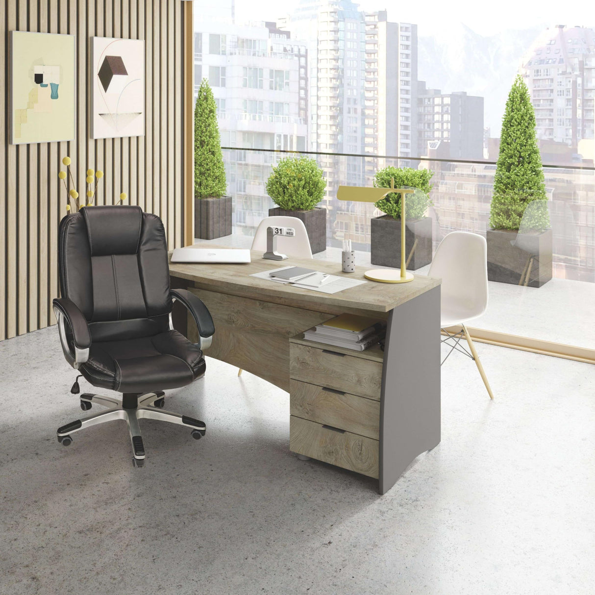 Habitdesign Mesa de Despacho con 3 Cajones, Mesa de Oficina o Estudio, Modelo Stil, Acabado en Gris Antracita y Roble Alaska, Medidas: 136 cm (Ancho) x 67 cm (Fondo) x 74 cm (Alto)