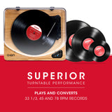 ION Audio Air LP Wood - Tocadiscos de vinilo Bluetooth - reproducción inalámbrica y conversión de discos de 3 velocidades - 33 1/3, 45 y 78 RPM, Acabado Madera
