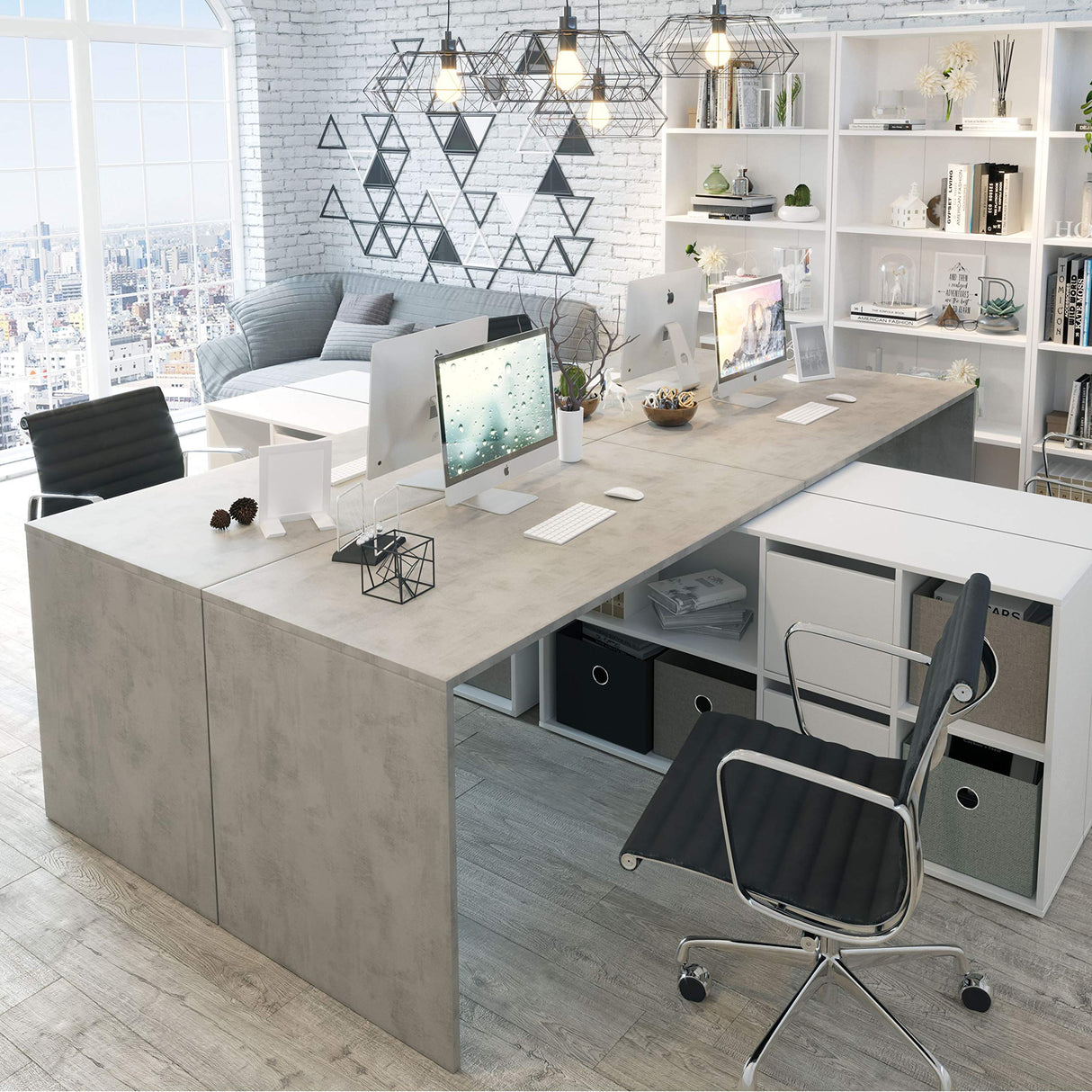 Habitdesign Escritorio Multiposición Reversible, Mesa Estudio, Mesa PC, Modelo Adapta XL, Acabado en Blanco Artik y Gris Cemento, 74 x 136 x 139 cm