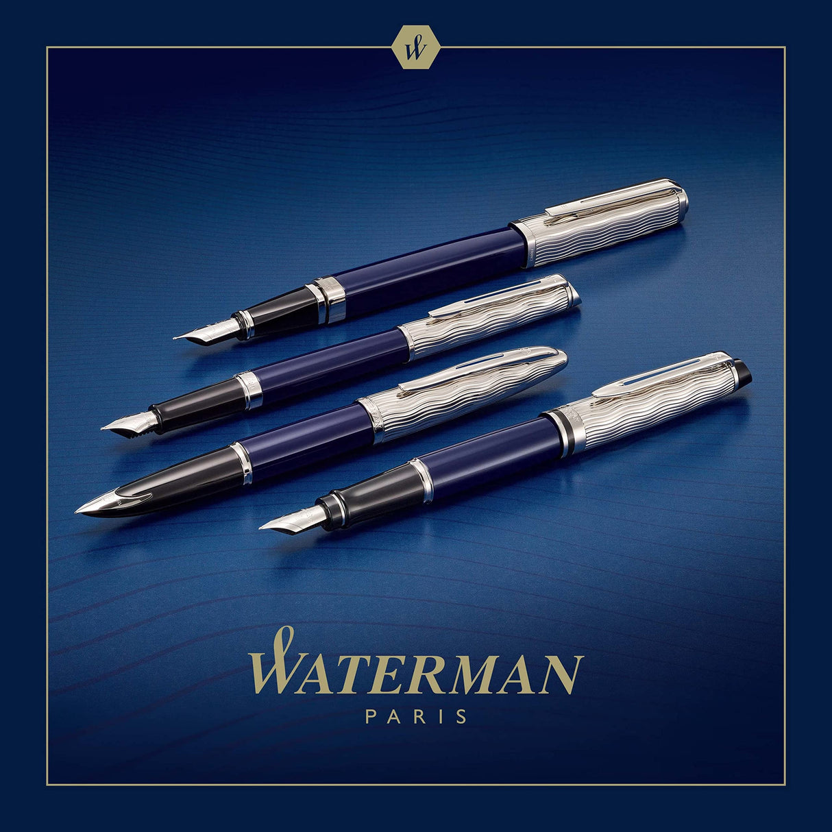 Waterman Carène pluma estilográfica | Metalizada y lacada en azul | Capuchón labrado | Plumín mediano de 18 K | Tinta azul | Estuche de regalo