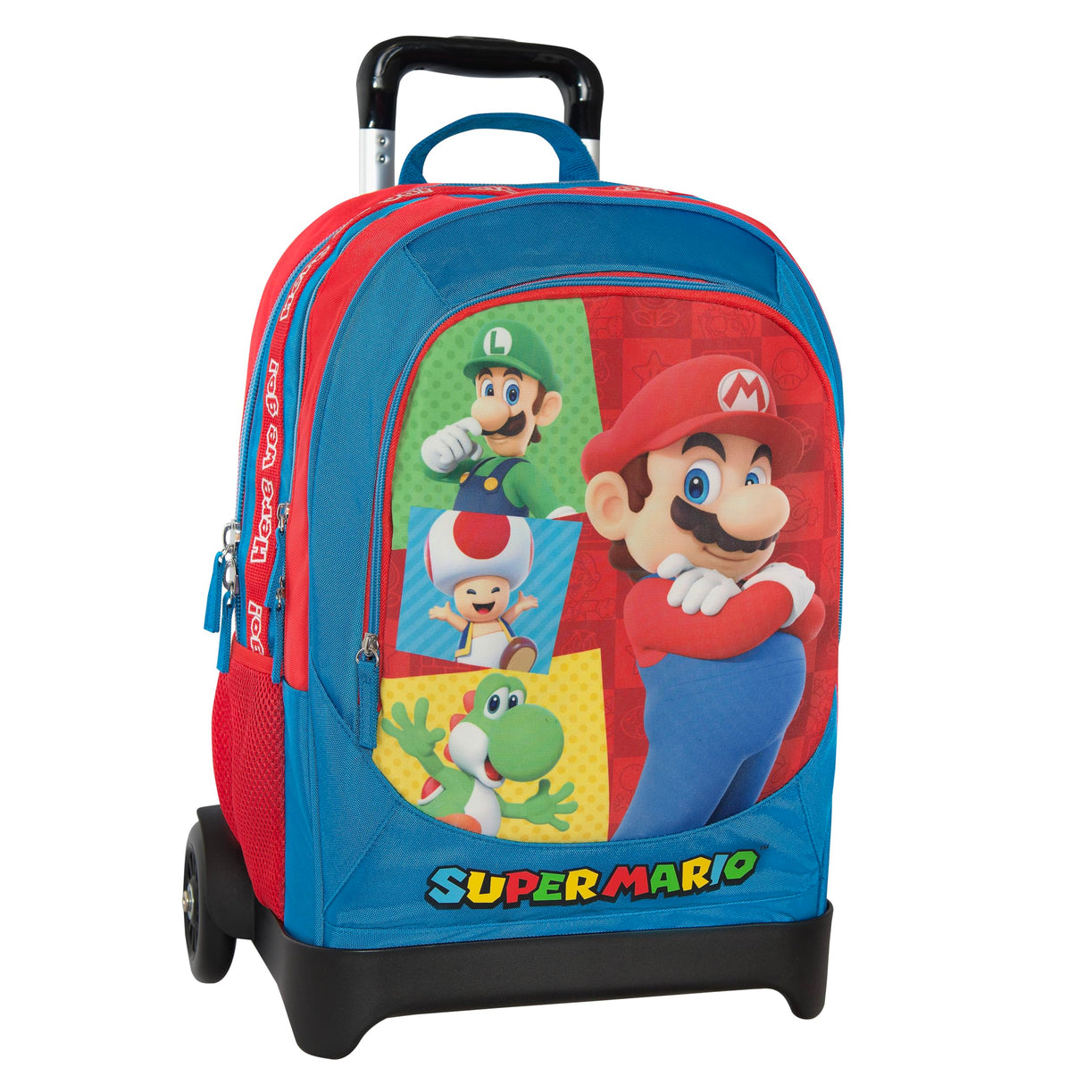 Super Mario – Mochila escolar con ruedas desmontable, ruedas reemplazables, asa ajustable, 2 compartimentos principales, bolsillo frontal, correas acolchadas, 34 x 52 x 22 cm, turquesa, 34x52hx22