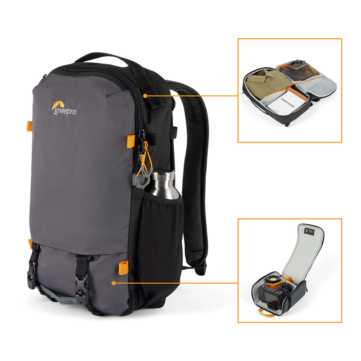 Lowepro Trekker Lite BP 150, Mochila para Cámara, con Inserto Extraíble, con Sistema de Correas para Accesorios, Negro, para Cámara Sin Espejo, Compatible con Sony Alpha 6000, Gris