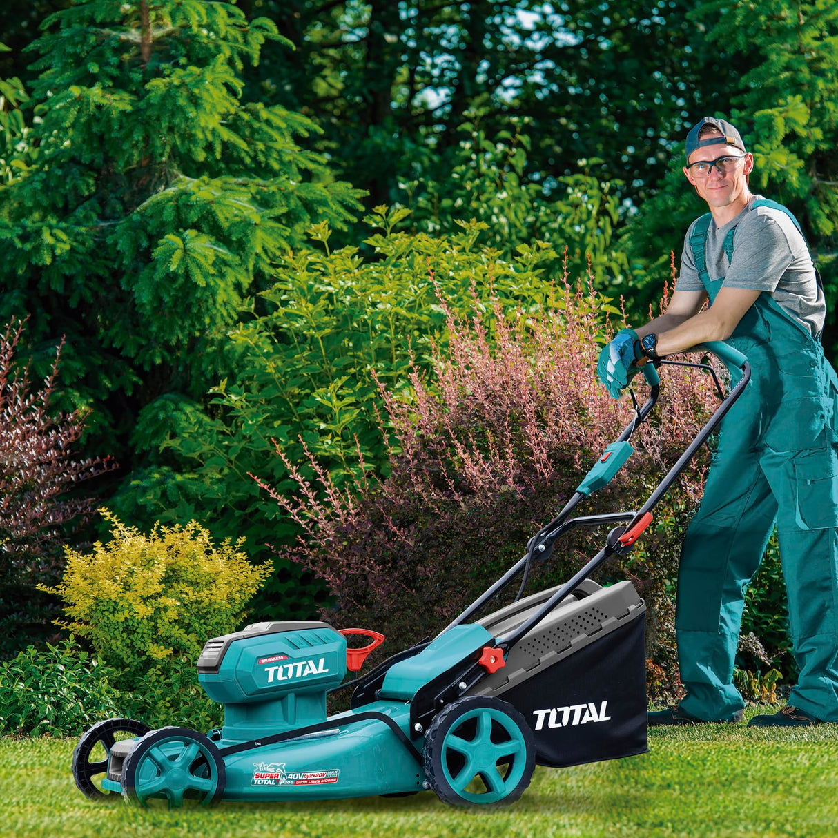 TOTAL - Cortacésped Brushless A Batería | Batería de 40V de Larga Duración | Incluye 2 Baterías y Cargador Rápido Doble | Fácil de Montar |con Ajuste de Altura | Cómodo de Manejar