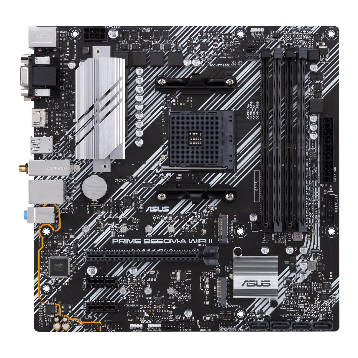 ASUS Prime B550M-A WiFi II - Placa Base Micro-ATX AMD B550 (2X M.2, PCIe 4.0, Wi-Fi 6, 1 GB Ethernet, HDMI, DVI-D, D-Sub, SATA 6 Gbps, USB 3.2 Gen. 2 de Tipo A y Conectores Aura Sync RGB)