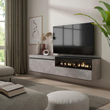 Skraut Home | Mueble TV | Televisión | Muebles de salón, almacenaje | 200x45x35cm | para TV hasta 80" | Chimenea eléctrica | Colgado, Suspendido | Estilo Moderno | Cemento