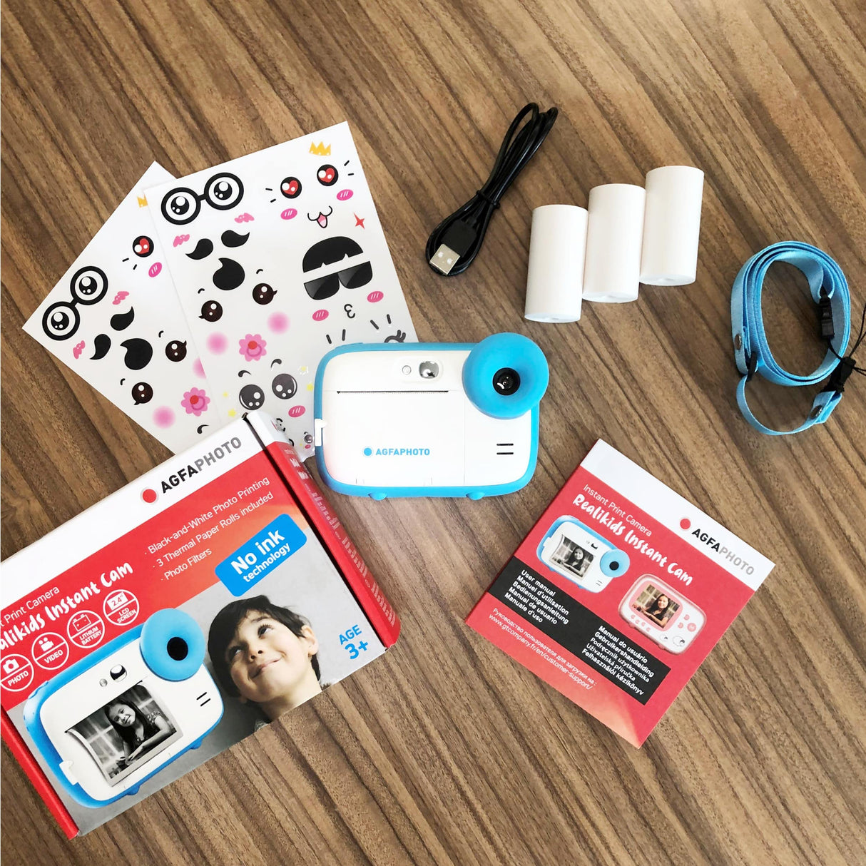 AGFA Photo Pack Realikids Instant CAM + 6 Rollos de Papel térmico ATP3WH adicionales, cámara instantánea Infantil, Pantalla LCD de 2,4 Pulgadas, batería de Litio, Espejo Selfie y Filtro de Fotos Azul