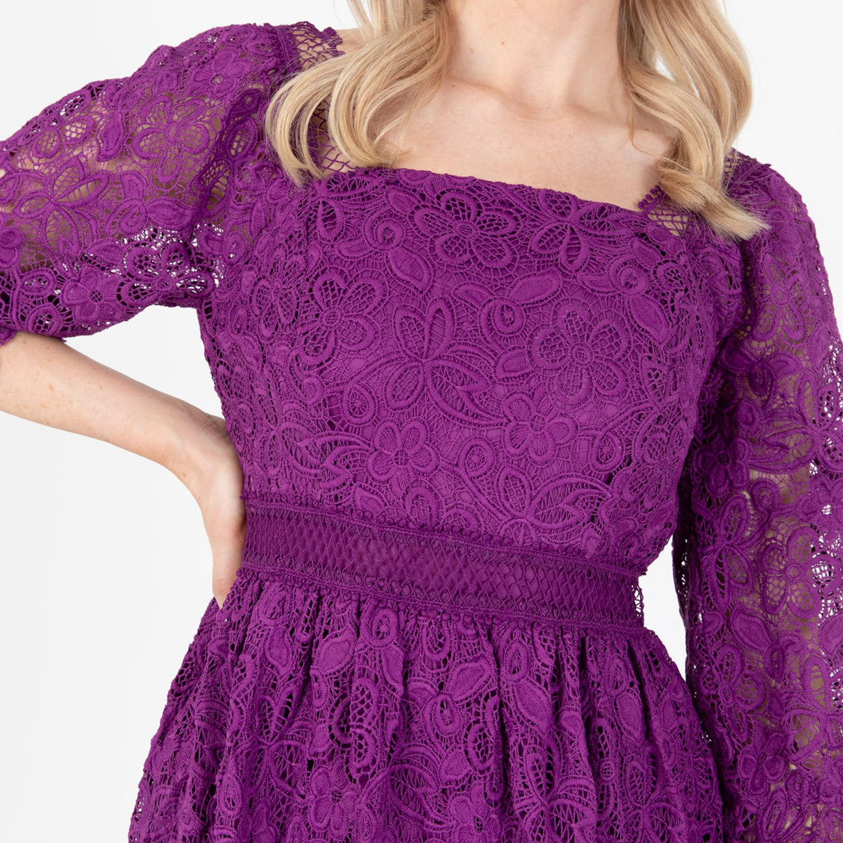 Lovedrobe Women's Midaxi Dress Ladies Lace Square Neckline Long Sleeve High Waist Empire A-Line for Wedding Guest Evening Occasion Vestido, Morado, 48 para Mujer