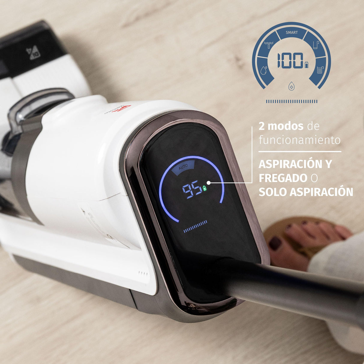 Di4 Velluto Fregona Eléctrica 2 en 1 Aspira y Friega, Motor Digital Brushless 220W, Autolimpieza, Sensor Inteligente de Suciedad, 40 min Autonomía, Pantalla LED, Doble Depósito, Tracción Automática