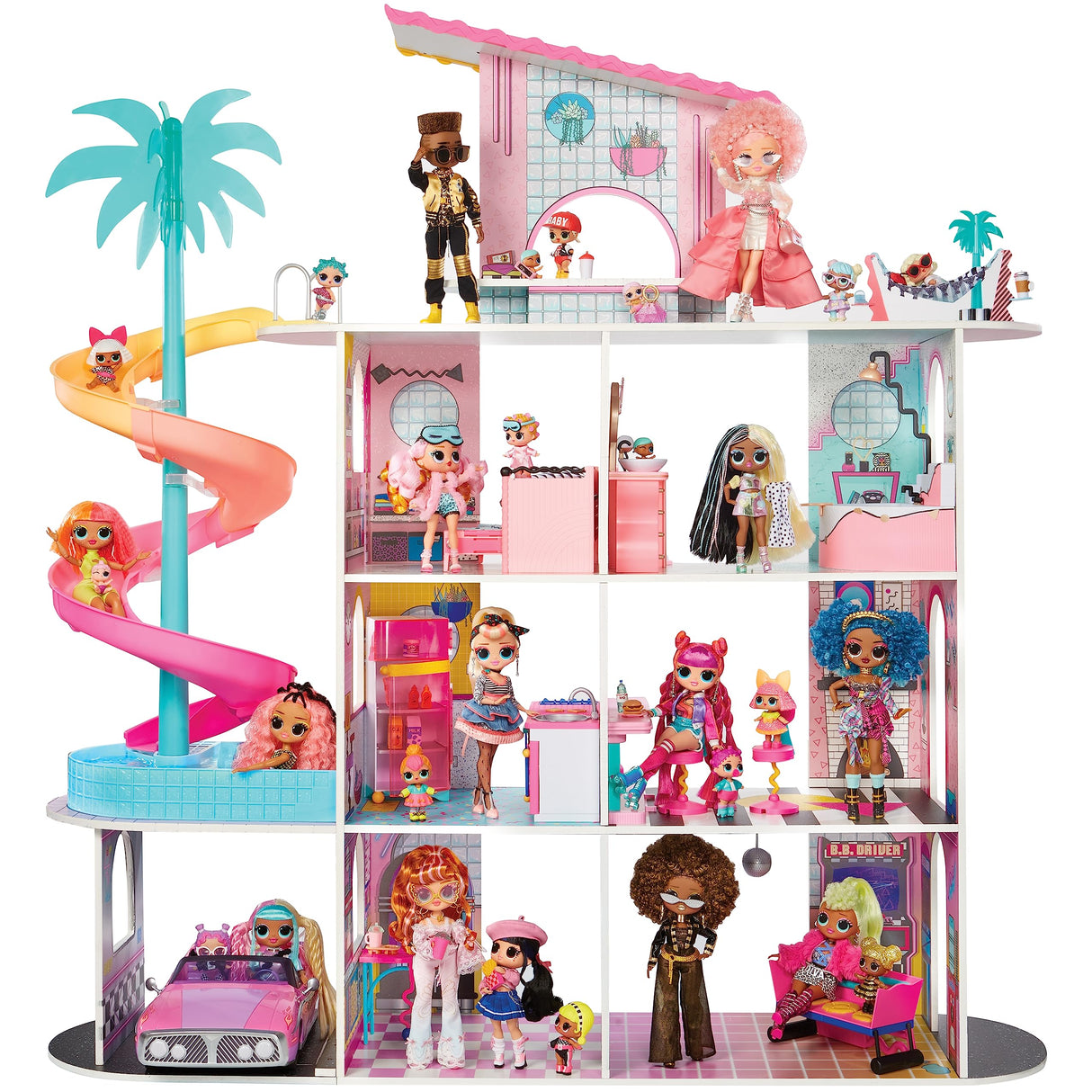 L.O.L. Surprise! OMG Fashion House Set de juego con más de 85 sorpresas - Casa de muñecas de madera con piscina, tobogán en espiral, terraza, cine, muebles convertibles y más - A partir de 4 años