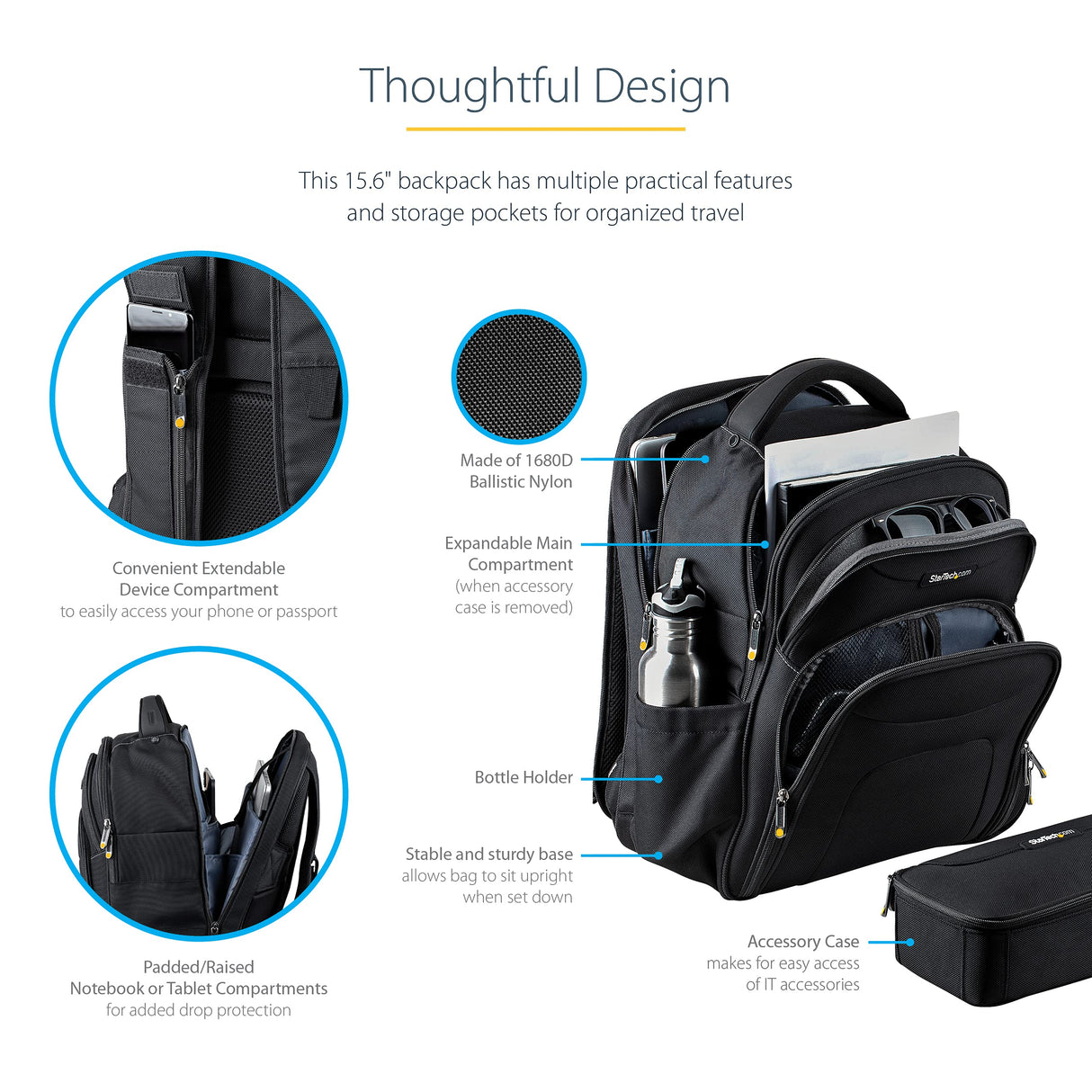 StarTech.com Mochila Ergonómica con Carcasa de Accesorios Removible para Ordenador Portátil de 17,3 Pulgadas - Morral para Profesionales de la Informática - de Viajes, Trabajo (NTBKBAG156)