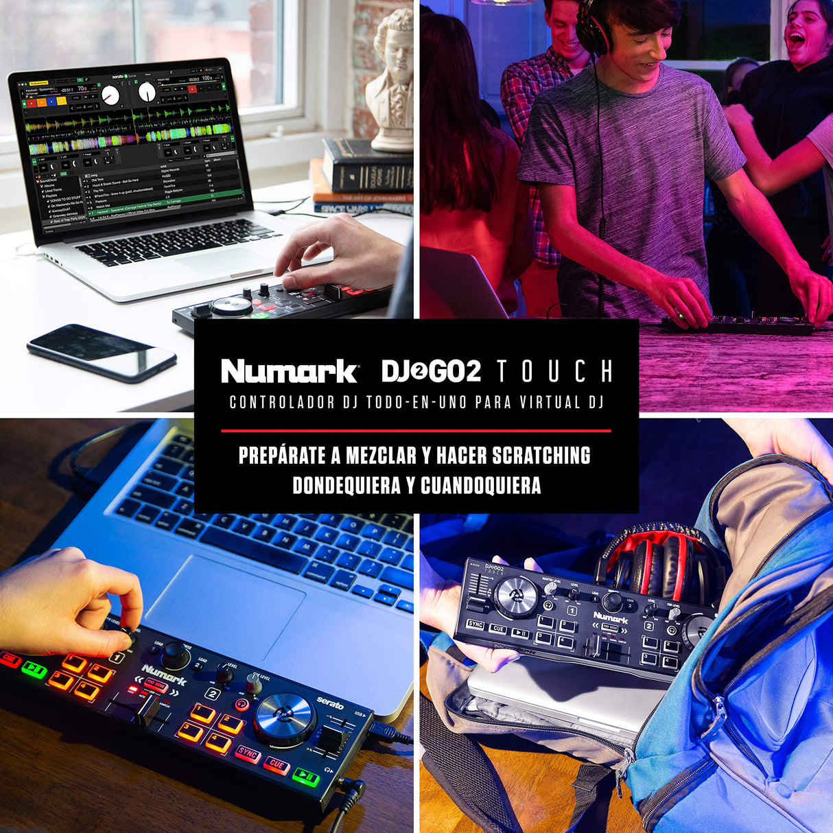 Numark DJ2GO2 Touch Controlador DJ USB Compacto de 2 Canales para Serato DJ Con Mezclador Crossfader, Interfaz de Audio y Jog Wheels de Sensibilidad Táctil