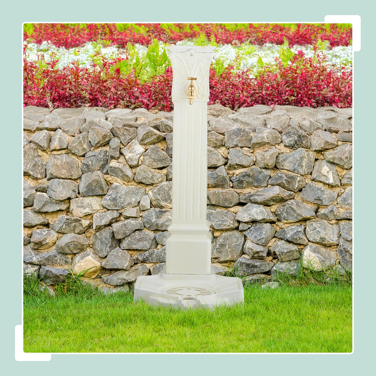 Relaxdays Fuente de Pie Antigua, con Grifo y Lavabo, 93x47x38 cm, Bebedero de Jardín, Terraza, Aluminio Fundido, Blanco, Latón