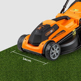 LawnMaster CLMF2434G Cortacésped con Batería 24V MAX 2x4.0Ah, 34cm hasta 300m², Altura de Corte 6 Niveles 20-70 mm, Bolsa de Recogida de 32L