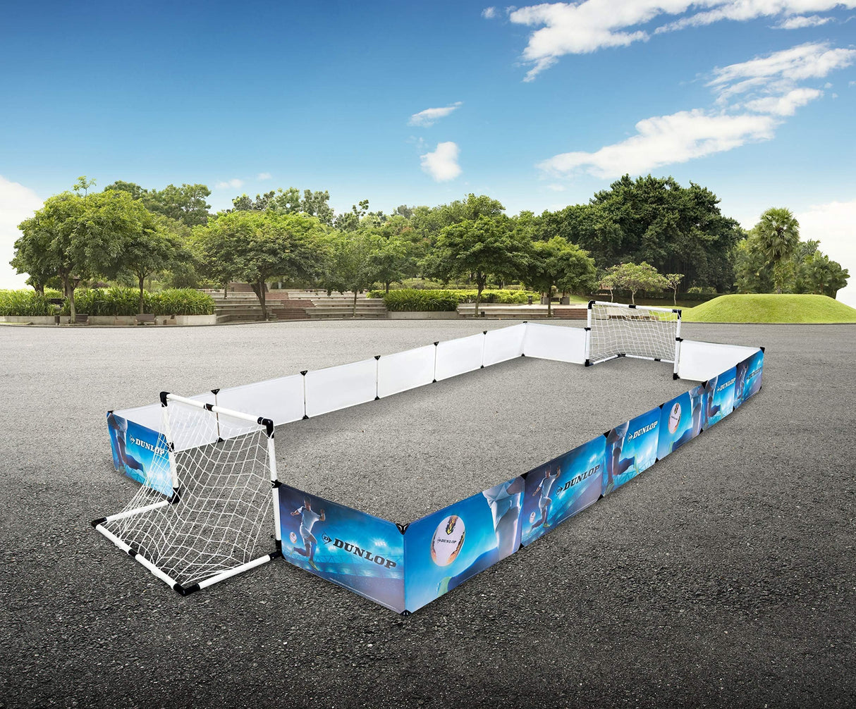 Dunlop Juego Valla, 2 porterías, fútbol y Bomba, 426 x 235 x 36 cm, Unisex para jóvenes, Azul/Blanco/Negro, 426 cm x 235 x 36 cm