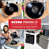 ION Audio Premier LP - Tocadiscos de vinilo Bluetooth, de 3 velocidades, altavoces estéreo, salida USB para convertir vinilos a formato digital, salidas auriculares y RCA, acabado en madera natural