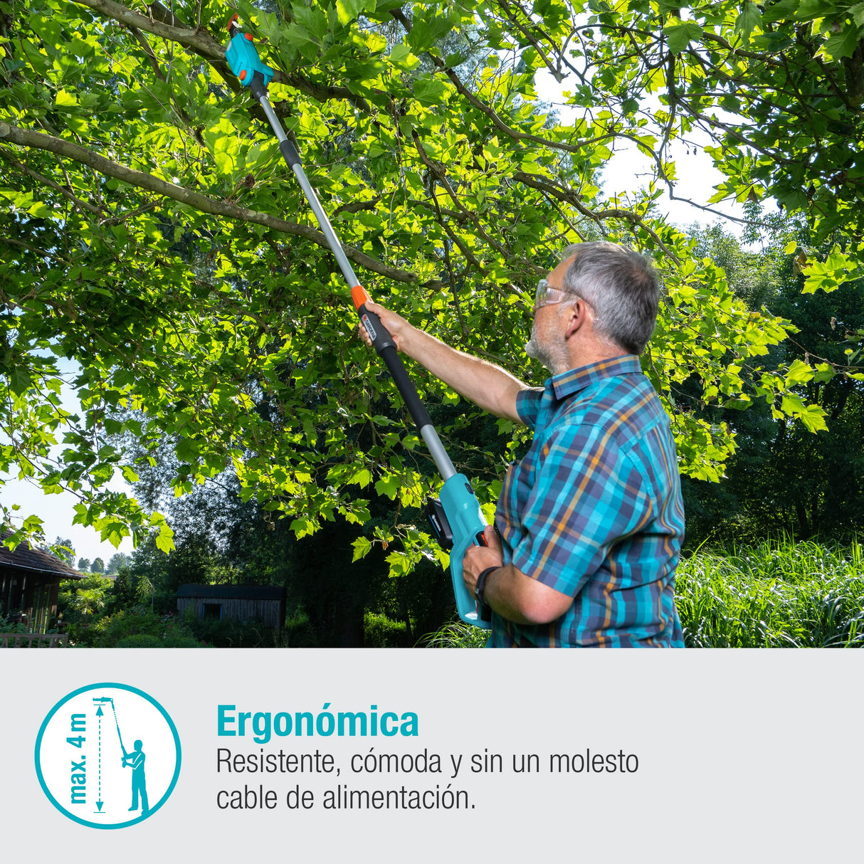 Gardena Set Ready-To-Use de podadora telescópica a batería TCS 20/18V P4A: sierra de mano hasta 4 m, 20 cm longitud de espada, cabezal flexible, inc. batería P4A 18 V y correa de transporte (14770-20)