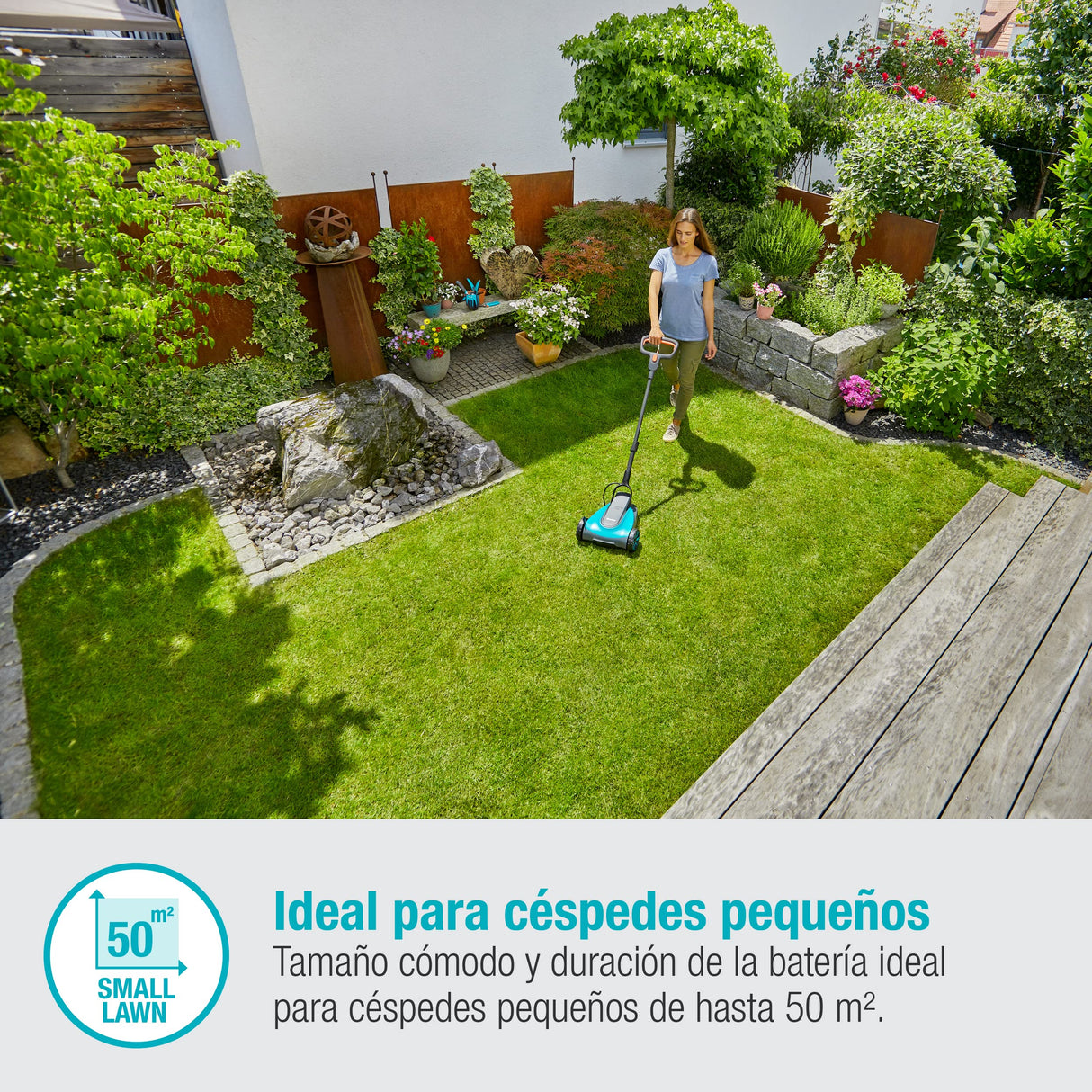 Gardena Cortacésped a batería HandyMower 22/18V P4A sin batería: cortacésped manual, para céspedes hasta 50 m², altura de corte ajustable, función de mulching (14620-55)