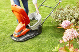 Flymo EasiGlide 360 Hover Collect - Cortacésped con Motor de 2000 W, Ancho de Corte de 36 cm, Caja de césped de 26 litros, se pliega Plano, Cable de 10 m, Naranja y Gris