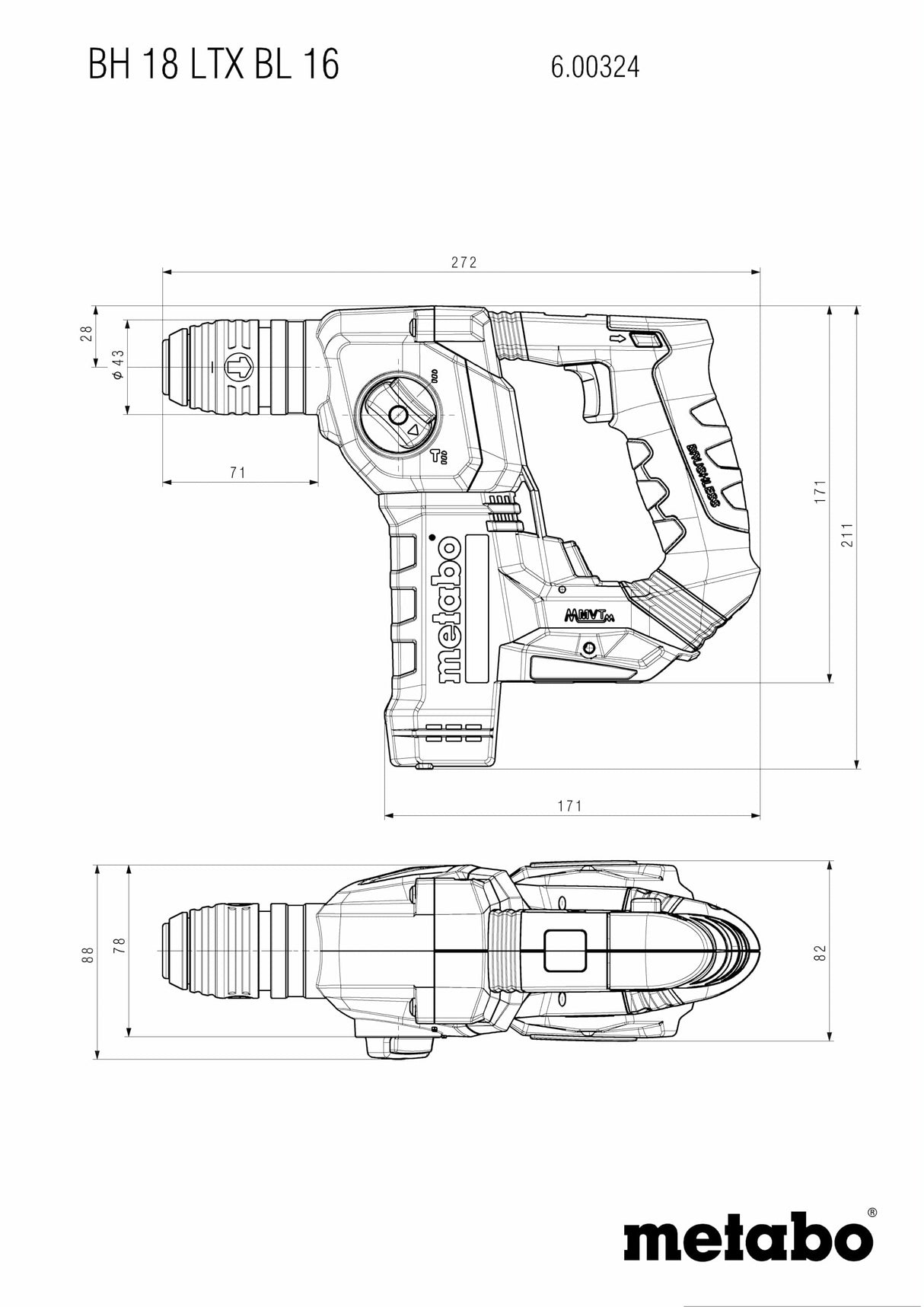 Metabo - Martillo Rotativo a Batería 18V BL 16 Motor Sin Escobillas Compacto y Ligero Potente Herramienta Eléctrica con Sistema de Baterías CAS