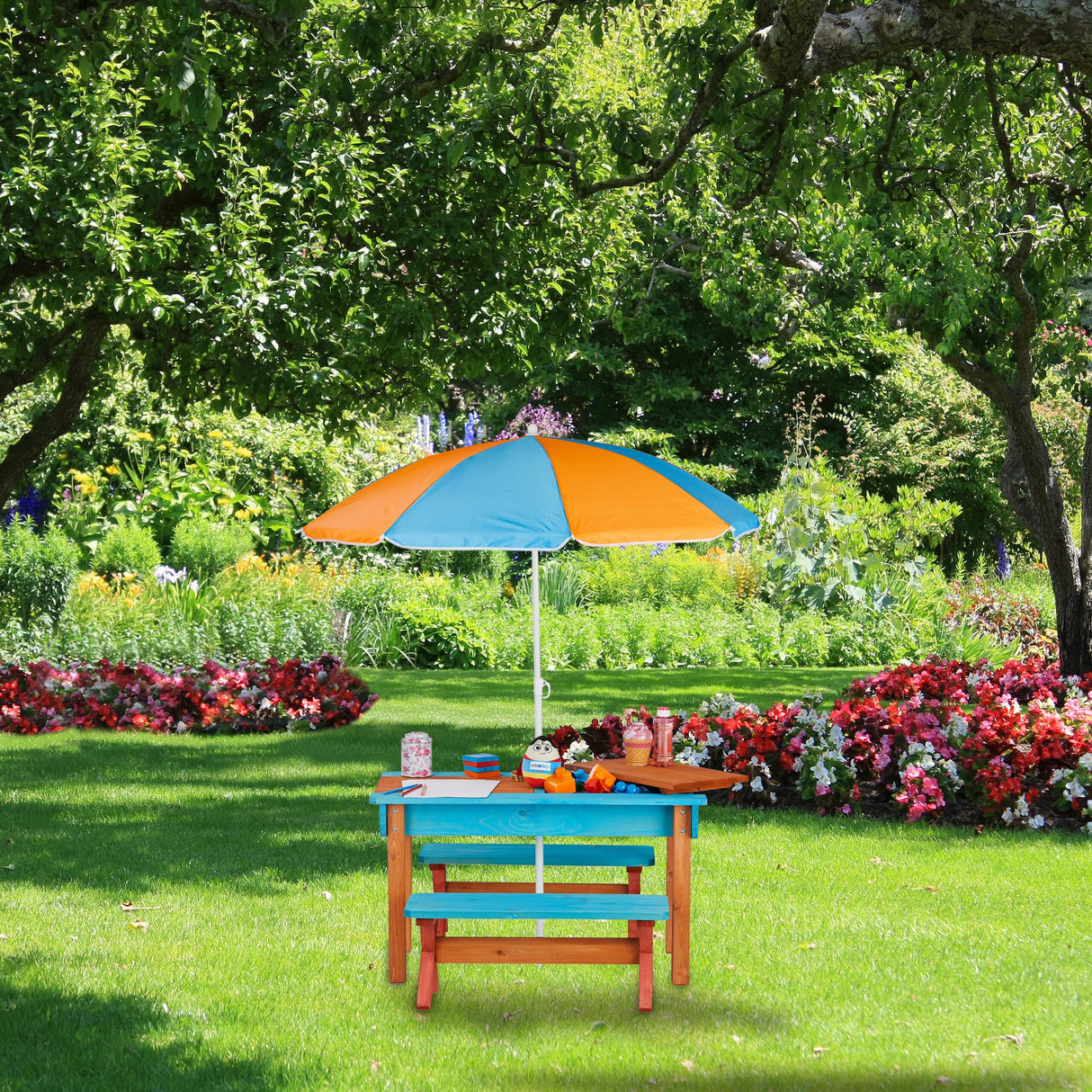 Relaxdays Mobiliario Infantil para jardín, Set con Mesa, Dos Bancos y sombrilla, Muebles de Exterior, Madera, Multi-Color