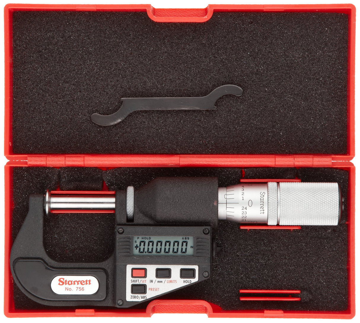 Starrett Micrómetro LCD tipo disco 756FL-1, dedal de fricción, tuerca de bloqueo, rango de 0-1 pulgada, graduación de 0.001 pulgadas