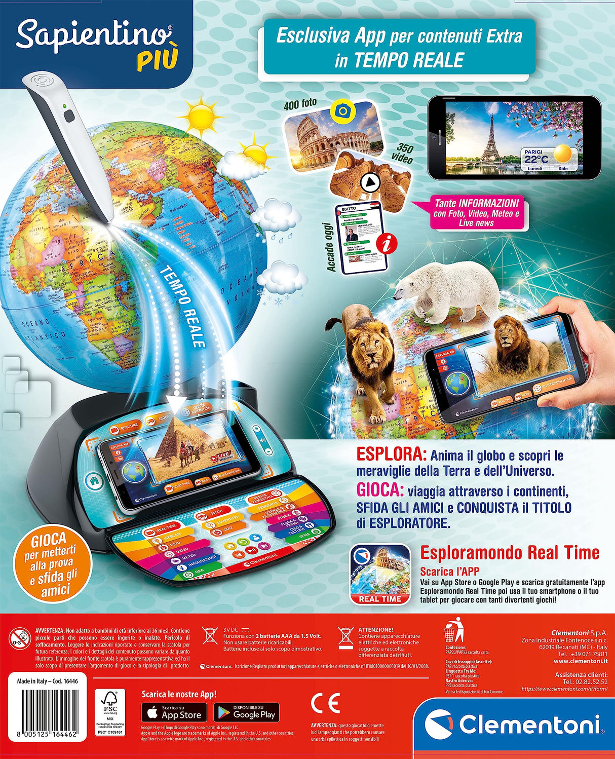 Clementoni Sapientino Più – Globo interactivo parlante, globo educativo con bolígrafo Bluetooth y aplicación, para niños de 6 años, 16446