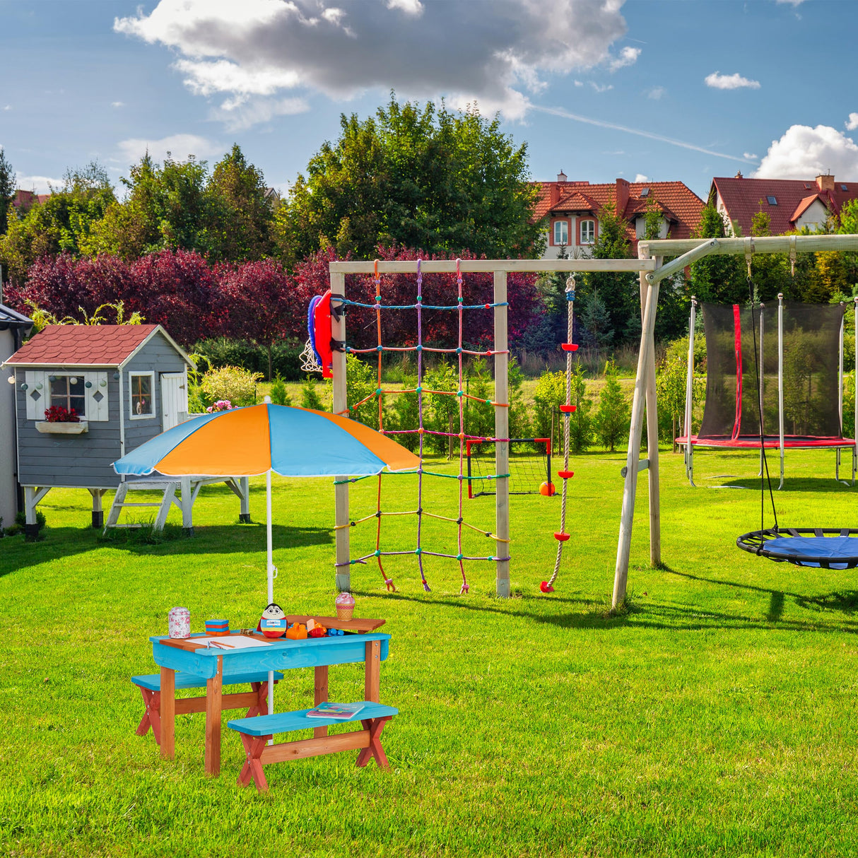 Relaxdays Mobiliario Infantil para jardín, Set con Mesa, Dos Bancos y sombrilla, Muebles de Exterior, Madera, Multi-Color