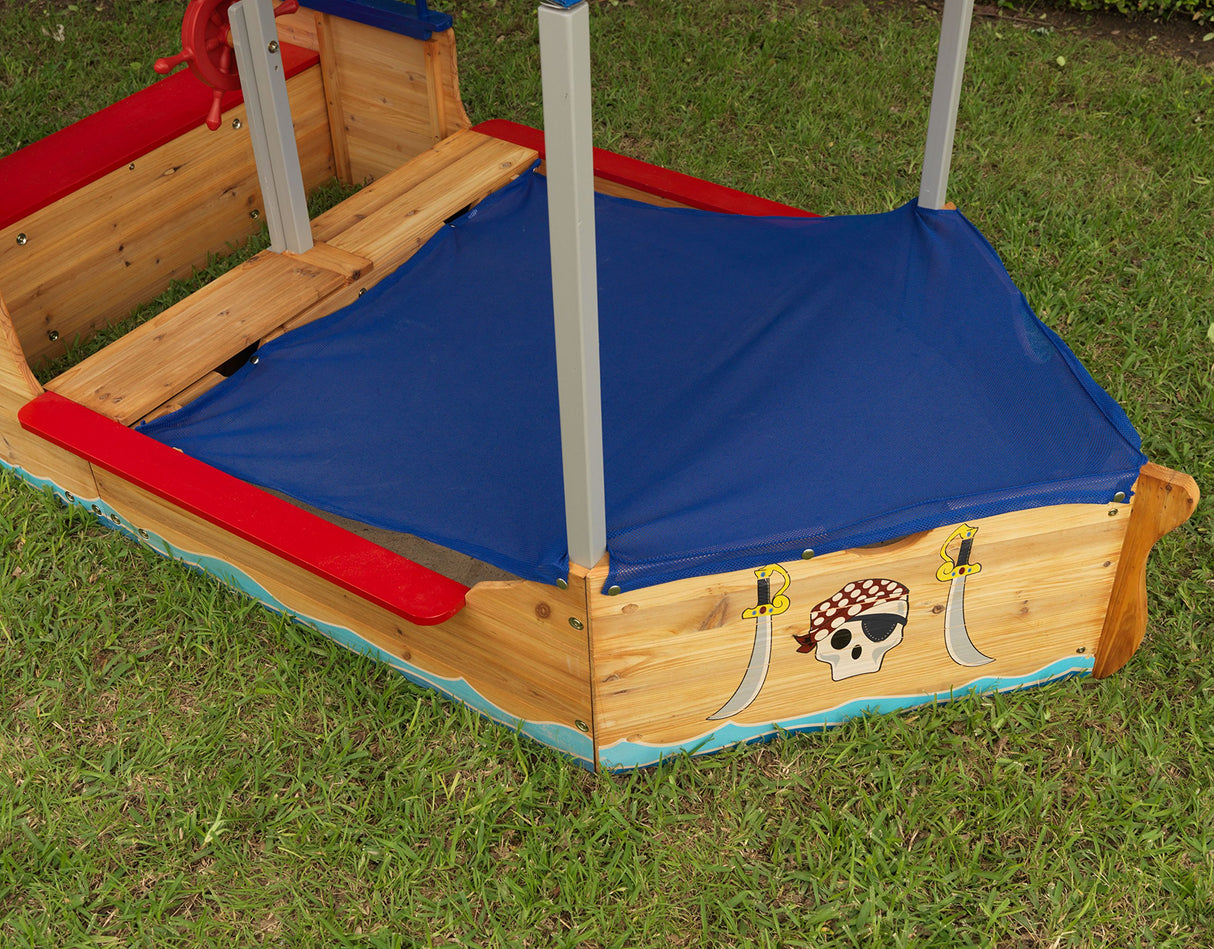 KidKraft Arenero Infantil de Barco de Piratas, Arenero Niños de Madera, Incluye Cubierta, Cubierta de Suelo, Banco, asta de Bandera, Juegos para jardín y Exterior (00128)